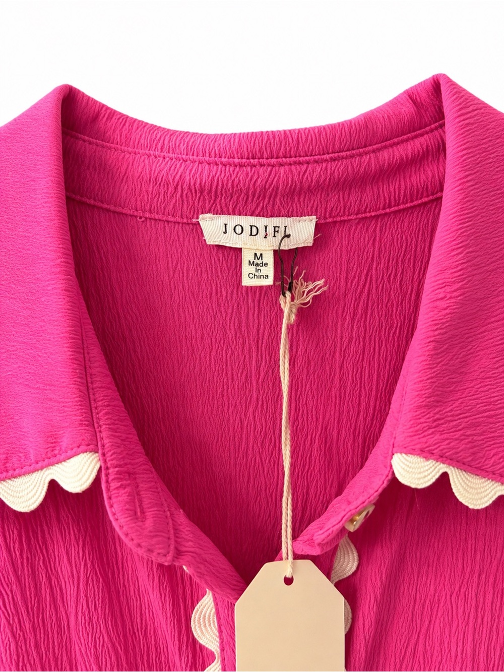 JODIFL Hot Pink Mini Shirt Dress with Cream Scallop Trim - Picture 4 of 6